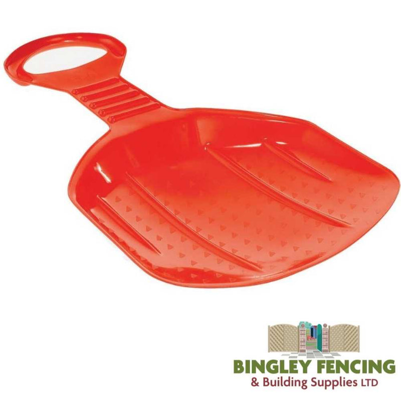 Load image into Gallery viewer, This blue Hand Held Sledge, ideal for dealing with icy pathways or creating a space for children's sledges, features a ridged scoop design and sturdy handle. The Bingley Fencing logo is prominently displayed in the bottom right corner.