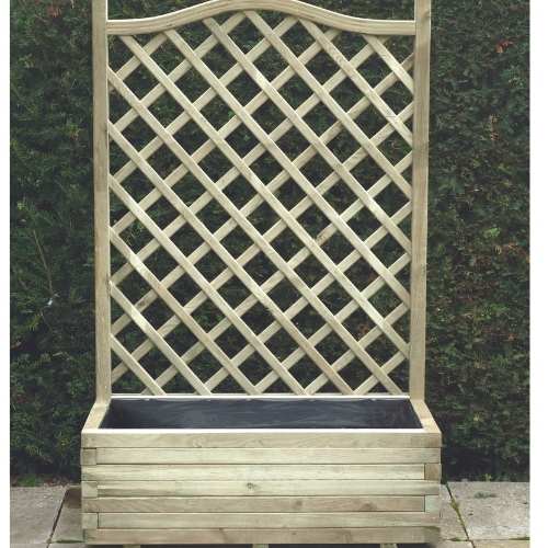 wooden planter with trellis top and fully lined in a garden