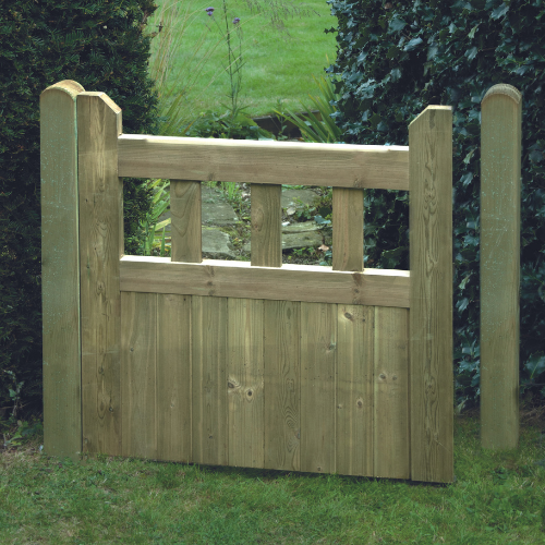 Load image into Gallery viewer, A Regency Euro-Gate by KDM, featuring three evenly spaced vertical panels, stands between two wooden posts, enveloped by lush green foliage and grass. The gate is slightly ajar, leading to a stone path in a Regency-style garden.