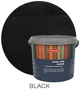Load image into Gallery viewer, A 5-liter container of Protek Shed & Fence Stain in black. The label displays an image of a wooden fence in different colors, with the text "Economical Wood Stain" printed on it. The lid is gray, and a black circle is present above the text.