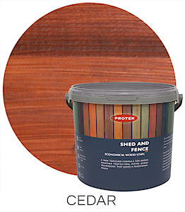 Load image into Gallery viewer, An image of the Protek Shed & Fence Stain container, available in various colors, showcases a cedar color sample prominently in the background. The label highlights its effective treatment qualities for sheds and fences, with "Cedar" displayed below the illustration.
