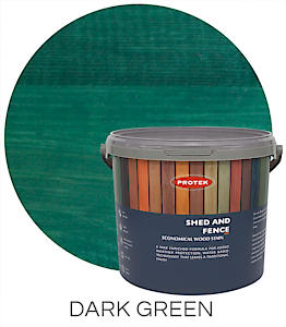 Load image into Gallery viewer, A 5-litre container of Protek Shed & Fence Stain, available in various colors, is pictured. The tub is branded with Protek and features an image of wooden panels in multiple shades on its label. A sample of the dark green stain appears prominently in a large circle above the container.
