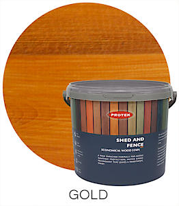Load image into Gallery viewer, A 5-liter container of Protek Shed & Fence Stain in a gold shade, featuring a prominent circular swatch of golden wood. The product emphasizes its economic value and highlights its water-based formula as an ideal solution for waterproofing outdoor structures like sheds and fences.