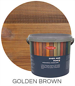 Load image into Gallery viewer, Image of a container featuring Protek Shed & Fence Stain - Various Colours - 5 Ltr in front of a wooden surface. The wood is stained in a golden brown color, aligning with the product description. This water-based stain from Protek ensures vibrant color while offering waterproof protection for enduring resilience.