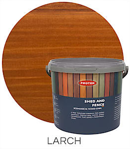 Load image into Gallery viewer, A 5-liter container of Protek Shed & Fence Stain, renowned for its waterproof properties, is showcased alongside a circular sample of the Larch color, highlighting a rich and warm wood tone.