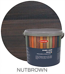 Load image into Gallery viewer, A 5-liter container of Protek Shed & Fence Stain in Nutbrown, a water-based stain from the brand Protek, features packaging that displays a range of wood colors along with a circular swatch demonstrating the waterproof Nutbrown shade.