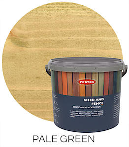 Load image into Gallery viewer, A 5-liter container of Protek Shed & Fence Stain – Various Colours is displayed in front of a sample of wood stained in pale green. The label features a range of colored panels, and "PALE GREEN" is prominently written below, emphasizing its function as a durable, water-based stain for wood.