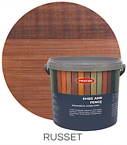 Load image into Gallery viewer, Image of a 5-liter container of Protek Shed & Fence Stain in the color Russet. The gray container has a colorful label, and in the background, the wood is vividly stained in a rich brown shade, perfect for shed and fence treatment. The word RUSSET appears below.