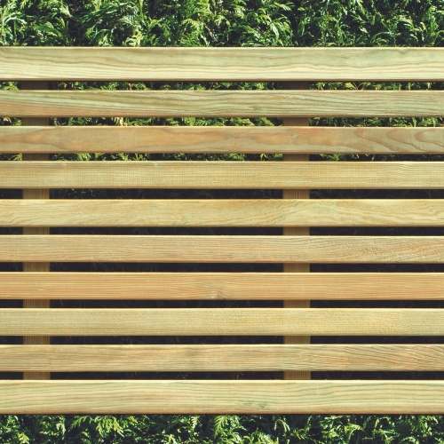close up of wooden fence panel with horizontal slats.