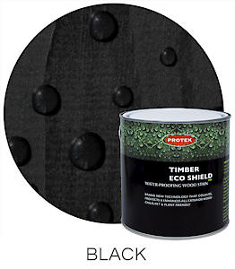 Load image into Gallery viewer, A 2.5 Ltr can of Protek Timber Eco Shield wood stain in black features a waterproof finish. Its label, adorned with water droplet graphics, emphasizes its protective characteristics, and a close-up circle illustrates the exceptional wood stain finish, demonstrating how water beads seamlessly on the surface.