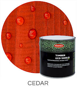 Load image into Gallery viewer, A Protek Timber Eco Shield wood stain in CEDAR, part of the Protek Timber Eco Shield- Various Colours 2.5 Ltr range, is displayed against a backdrop that showcases cedar wood with water droplets, emphasizing the stain's waterproof finish and protective features.