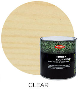 Load image into Gallery viewer, A 2.5 Ltr can of Protek Timber Eco Shield from the brand Protek is displayed, highlighting its function as a waterproof wood stain. In the background, a wooden surface sample demonstrates a clear finish, with the word "CLEAR" positioned beneath the image.