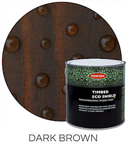 Load image into Gallery viewer, Image of a can of Protek Timber Eco Shield- Various Colours 2.5 Ltr by Protek in dark brown. The label features a wood texture with droplets, highlighting its waterproof finish. A circular swatch reveals the rich wood stain, emphasizing its protective qualities against moisture.