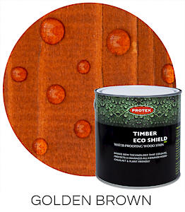 Load image into Gallery viewer, A 2.5 Ltr can of Protek Timber Eco Shield in golden brown is displayed next to a photo of treated wood, highlighting its waterproof finish with visible water droplets on the surface.