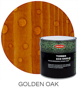 Load image into Gallery viewer, Image featuring a can of Protek Timber Eco Shield - Various Colours 2.5 Ltr wood stain by Protek in Golden Oak. The background exhibits a circular wood sample with the stain applied, highlighting a warm, rich brown hue and delicate grain pattern, accentuated by its waterproof finish.