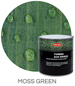 Load image into Gallery viewer, A 2.5-liter container of Protek Timber Eco Shield in Moss Green is featured, highlighting its wood stain finish. The background depicts water droplets on a textured green surface to emphasize the paint's waterproof qualities. Elegantly inscribed beneath is the text "Moss Green.