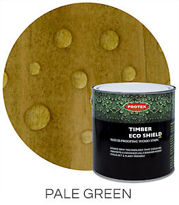 Load image into Gallery viewer, A 2.5 L container of Protek Timber Eco Shield in pale green, set against a textured wooden background featuring water droplets. The text below highlights the Pale Green shade and its wood stain finish.
