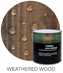 Load image into Gallery viewer, A can of Protek Timber Eco Shield - Various Colours 2.5 Ltr is placed next to a round piece of weathered wood with water droplets on its surface, showcasing its waterproof finish. The text "Weathered Wood" is written below.