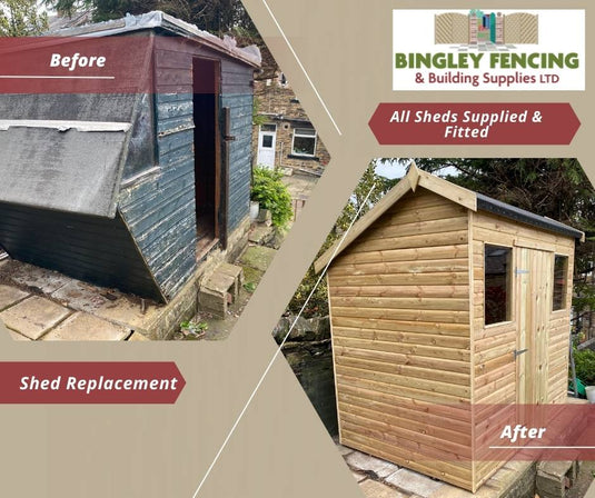 A before and after comparison of the old wooden shed and the new shed