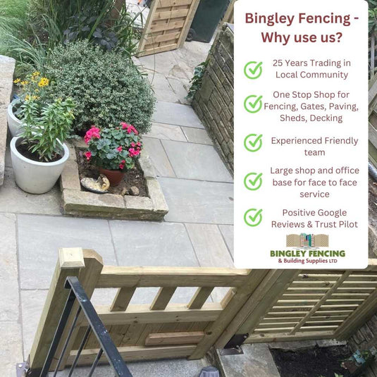 Indian paved patio area with an annotated note detailing the benefits of using bingley fencing