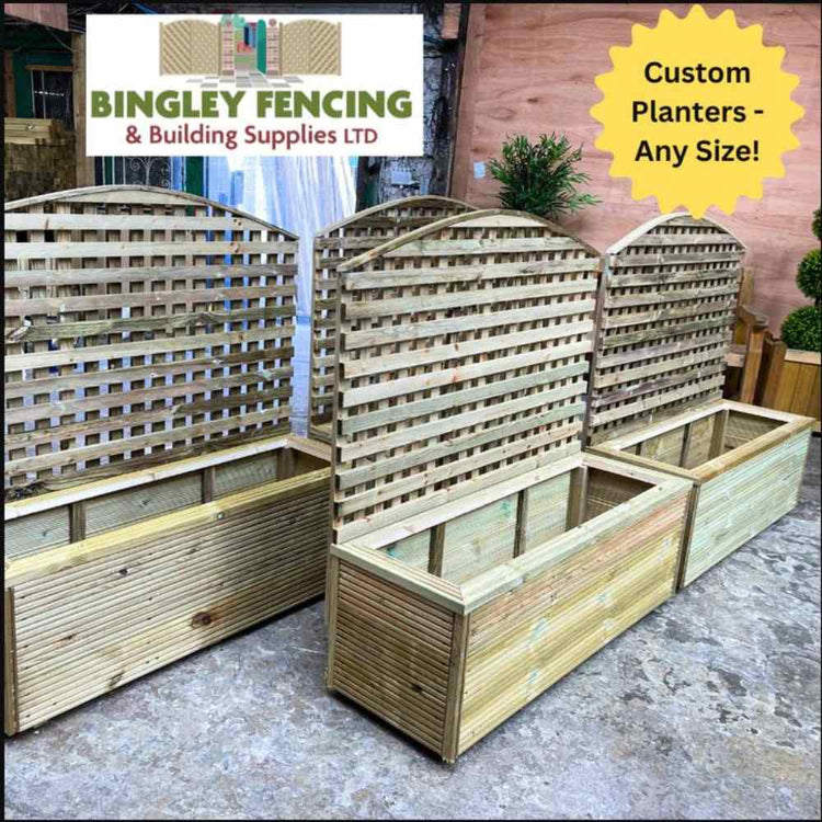 4 wooden garden planters with a trellis back for growing plants