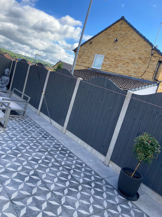 Patio area with grey fence panels