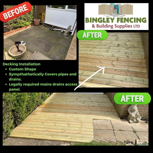 Before and after shots of an old patio area and a new timber decked area