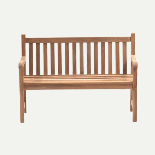 The Bingley Fencing 1.3m Teak Garden Bench features vertical slats, armrests, and a sturdy design—ideal as an outdoor bench in West Yorkshire style, shown here against a plain white background.