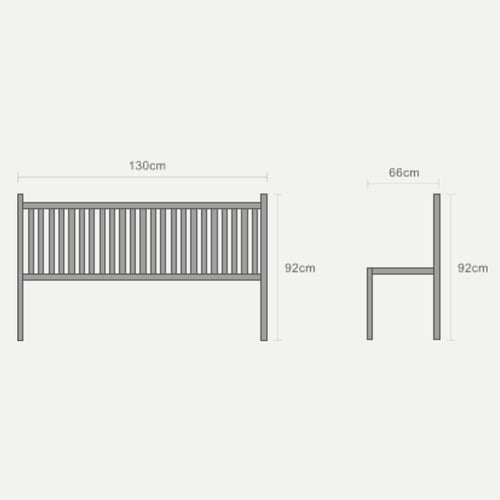 A diagram shows front and side views of the 1.3m Teak Garden Bench by Bingley Fencing, with vertical slats and measurements marked: 130 cm wide, 66 cm deep, and 92 cm high—reminiscent of a classic garden bench design.