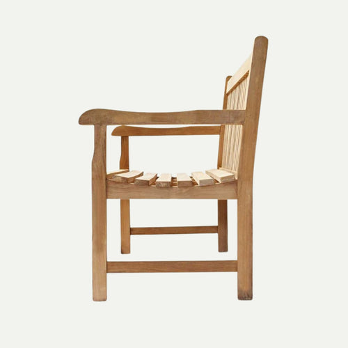 Side view of the Bingley Fencing 1.5m Teak Garden Bench featuring a slatted seat and backrest, armrests, and a natural finish, shown against a plain white background.