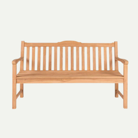 The Bingley Fencing 1.5m Teak Memorial Garden Bench features a slatted back and seat, armrests, and a natural wood finish—ideal for stylish outdoor seating. Shown here against a plain white background.