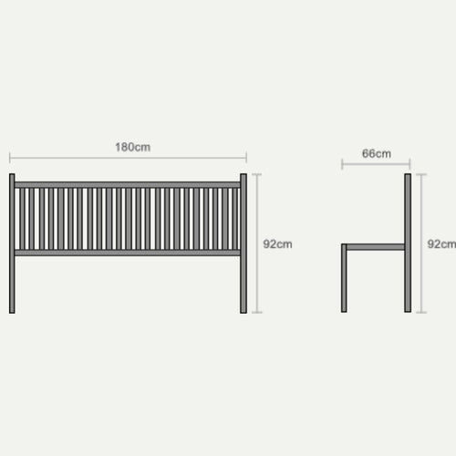 Line drawing of the Bingley Fencing 1.8m Teak Garden Bench with vertical slats in front and side views. Inspired by classic garden benches, labeled dimensions: 180 cm wide, 92 cm high, 66 cm deep.
