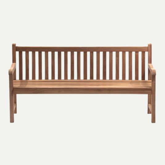 The Bingley Fencing 1.8m Teak Garden Bench features a slatted backrest and seat, straight armrests, and a natural wood finish—ideal for outdoor seating and displayed against a plain white background.