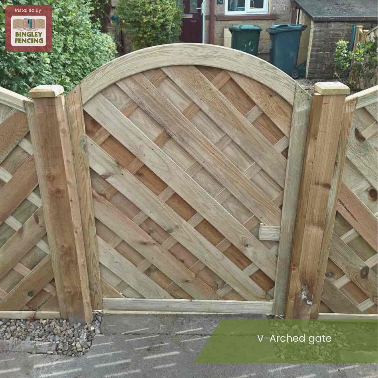The KDM ‘V’ – Arched Euro-Gate (VAG180) features a diagonal lattice wooden design with a natural finish, set between matching fence panels on a paved path. The Bingley Fencing logo is shown in the top left corner.