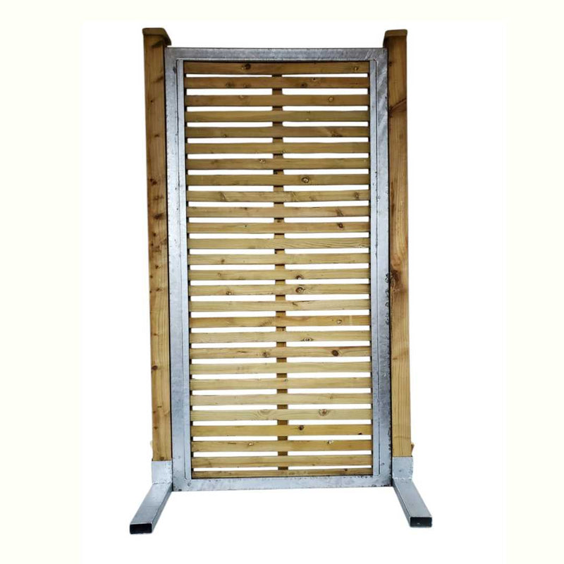 Load image into Gallery viewer, The LastPost by Bingley Fencing is a wooden slatted gate with vertical metal side supports and horizontal slats. It stands upright against a plain background, built with galvanized steel for durability, and features metal base stands for stability, highlighting the quality of premium fencing products.
