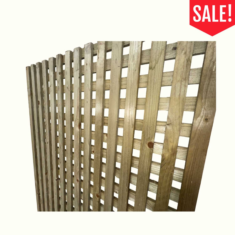 Load image into Gallery viewer, The Bingley Fencing Reduced Trellis Panel 1800mm x 960mm is shown angled, with light wood slats in a crisscross design. A red SALE! banner appears in the top right corner.

