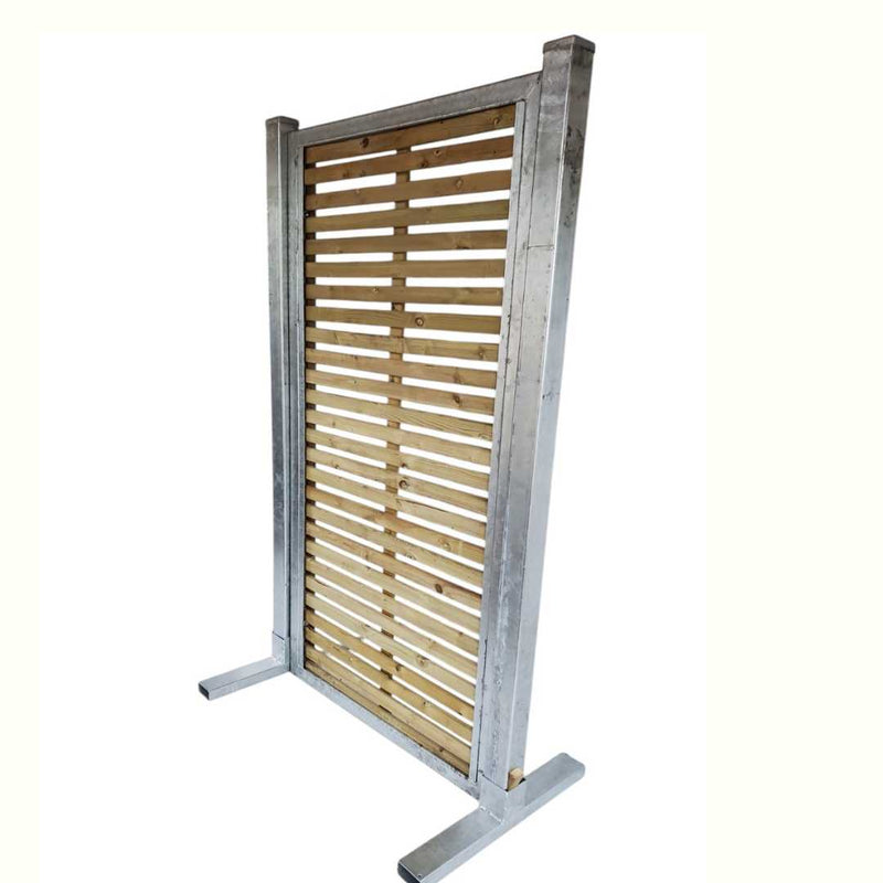 Load image into Gallery viewer, The LastPost, a freestanding privacy screen by Bingley Fencing, features a galvanized steel frame with horizontal wooden slats and T-shaped metal legs. Available in bespoke sizes.
