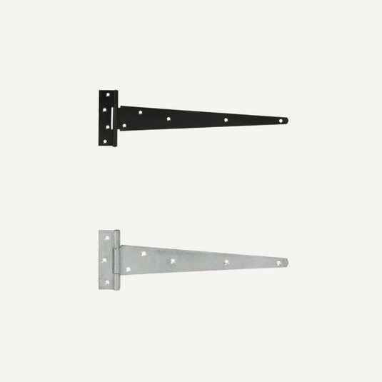 Against a plain background, two medium T hinges from Henry Shaw are featured. The top hinge is finished with a powder-coated black surface, ideal for gate ironmongery, while the bottom hinge boasts a silver appearance. Both Medium T Hinges - 12