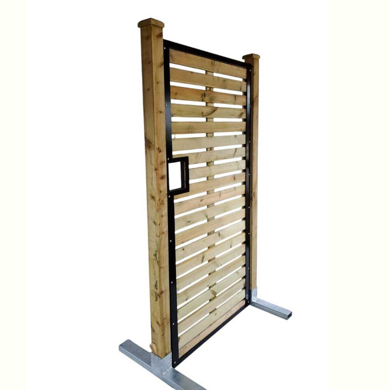 Load image into Gallery viewer, A sleek wooden gate made by Bingley Fencing, part of the LastPost series, features horizontal slats in a black frame with a rectangular handle. Its mounted between vertical wood posts on a galvanized steel base against a plain light background.
