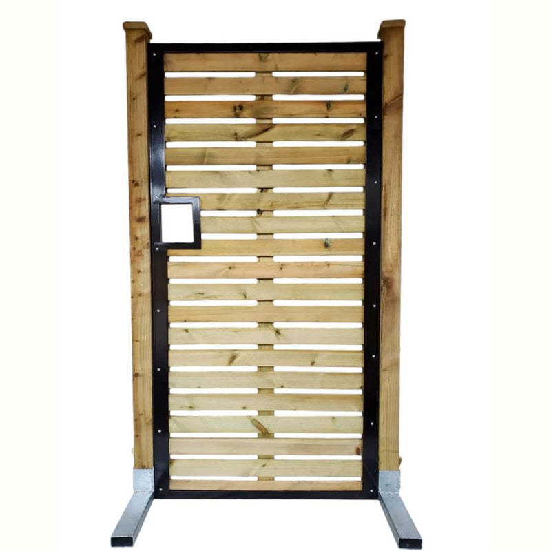 Load image into Gallery viewer, The LastPost wooden garden gate by Bingley Fencing features horizontal slats in an unfinished look and a black-painted steel frame. It includes a rectangular handle on the left and galvanized steel support feet, all set against a plain white background.
