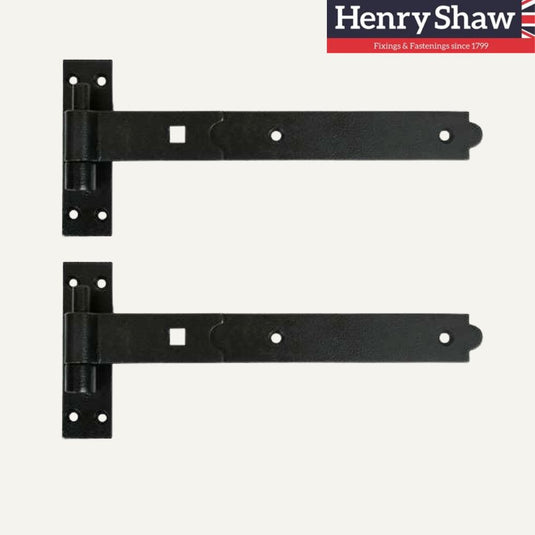 Black metal hinges on a white background with Henry Shaw logo.