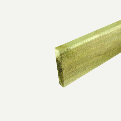 A solitary Bingley Fencing Rail/Joist 150mm x 25mm - 6â€ x 1â€, crafted from tanalised timber with a smooth, light greenish-brown finish, is placed diagonally against a simple, off-white backdrop.