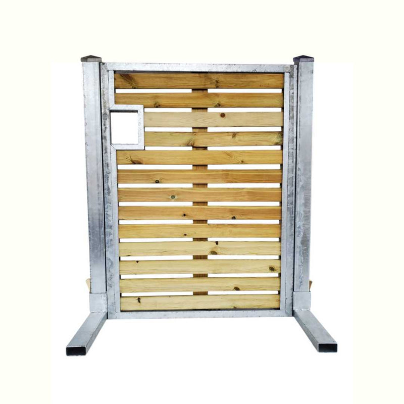 Load image into Gallery viewer, The Bingley Fencing LastPost boasts a wooden slatted gate with a natural finish and galvanized steel framing. Featuring a small square top-left window, the silver-metal supported gate is isolated on a light background.
