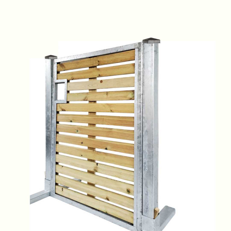 Load image into Gallery viewer, A LastPost gate by Bingley Fencing featuring horizontal wooden slats and a small rectangular latch, framed by robust galvanized steel posts. The background is plain white.
