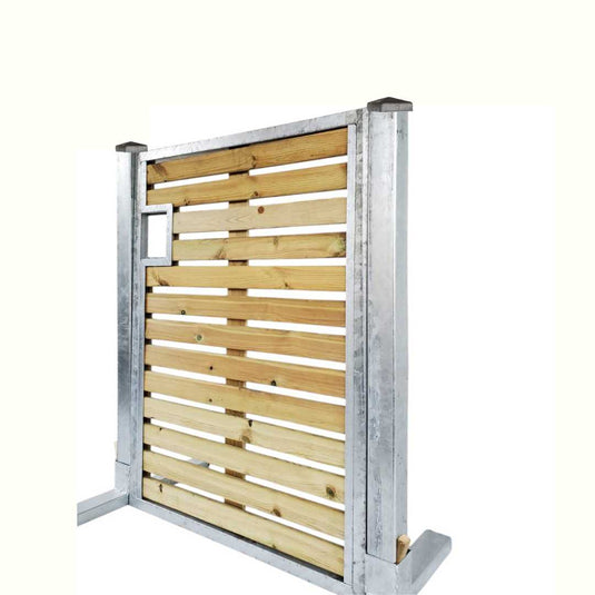 A LastPost gate by Bingley Fencing featuring horizontal wooden slats and a small rectangular latch, framed by robust galvanized steel posts. The background is plain white.