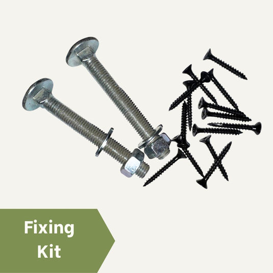 Collection of screws including metal and black ones on a white background with 'Fixing Kit' text.