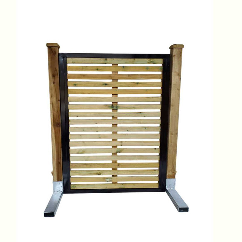 Load image into Gallery viewer, The LastPost by Bingley Fencing is a wooden privacy screen with custom sizes, horizontal slats, vertical posts, and galvanized steel feet, elegantly displayed on a white background.
