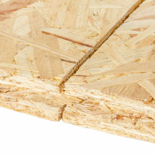 Close-up of a stack of Bingley Fencing 18mm OSB Tongue & Groove Flooring Sheets, ideal for load-bearing applications. The rough, layered texture reveals visible wood strands and natural color variations, with a cut edge in the foreground perfect for installations like OSB3 Flooring.