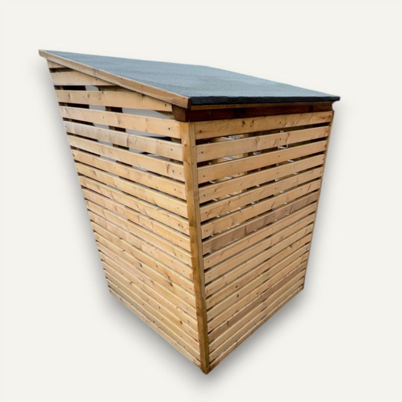 Load image into Gallery viewer, The Reduced Single Log Store with Felt Roof by Bingley Fencing features horizontal wooden slats, a solid structure, and a sloped, black felt weatherproof roof—ideal for logs or general outdoor storage. Shown on a white background.
