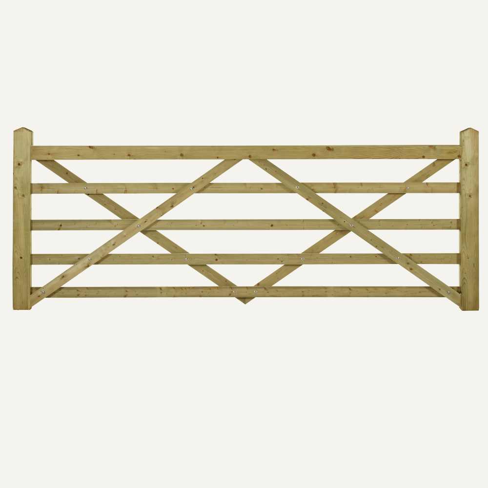The Charlton Driveway/Field Gate 5 Bar is a wooden farm gate, showcasing a criss-cross and horizontal plank design made from tanalised timber, supported by two sturdy vertical posts on each side.